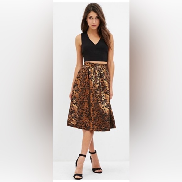 Forever 21 Dresses & Skirts - Forever 21 Black and Bronze Jacquard Midi Skirt